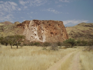 The tufa cascade towering over the landscape at Blasskranz farm in the Naukluft Mountains